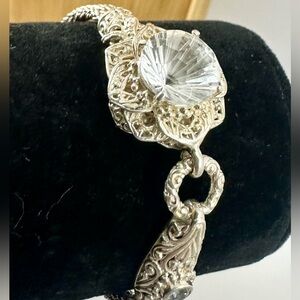 SARDA Bali Vintage Sterling Silver Crystal Flower Byzantine Filigree Bracelet